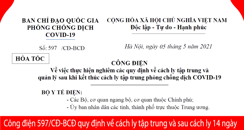 Công điện 597/CĐ-BCĐ quy định về cách ly tập trung và sau cách ly 14 ngày